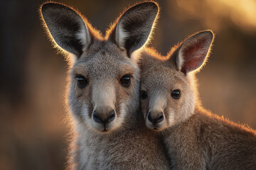 Fototapeta premium Mother kangaroo with joey close up wildlife photo with warm sunlight creating soft glowing effect on their fur, showing tender and protective bond in natural habitat