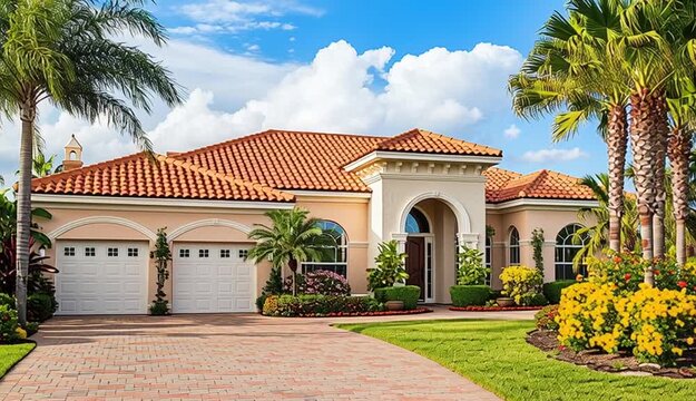 Luxury Mediterranean style single-story house with terracotta tile roof and cream stucco exterior, three garage doors, arched entrance, paver brick driveway, tall palm trees on both sides