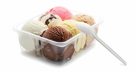 Takeaway Ice Cream Served in Disposable Container with Spoon Isolated