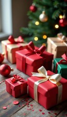 Obraz premium Gift boxes, wrapped presents, ribbons, bows, festive table , decoration, birthday