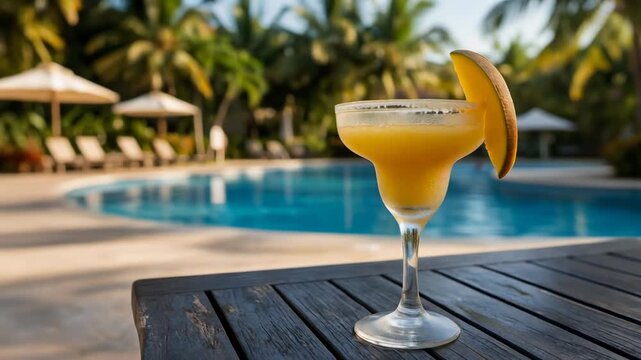Refreshing cocktail by the pool with sunshine and serene tropical paradise vibes