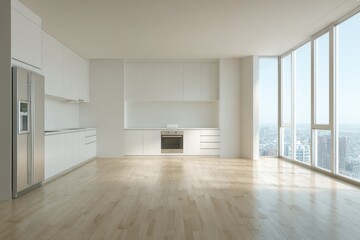 Obraz premium Contemporary minimalist kitchen space featuring light wood flooring and expansive city views through tall windows