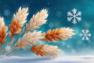 Naklejka premium Golden wheat stalks in a winter scene with falling snowflakes against a blue frosty sky