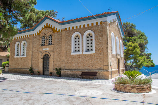 The Sanctuary of Panagia Eleistria with Traditional Stone Architecture and Tiled Courtyard in Koroni, Messinia, Greece