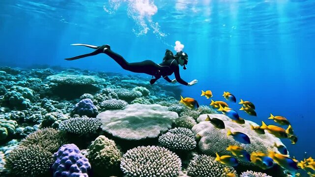 Gliding over the vibrant coral kingdom with tropical fish.