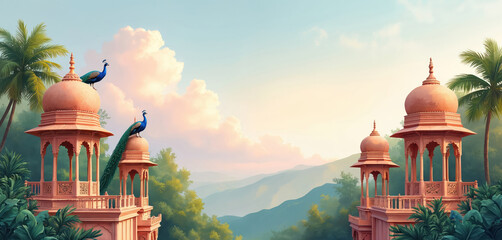 Indian architecture with peacocks on rooftop pavilions. Palm trees frame serene mountain landscape at sunrise. Lush green plants surrounds ornate pink structures.