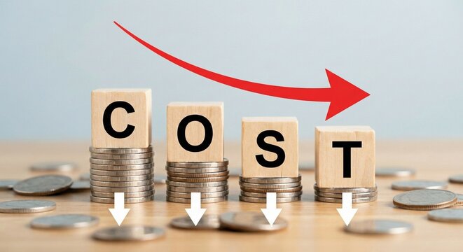 Cost Reduction Strategy: Financial Savings Concept with 'COST' Blocks, Decreasing Coin Stacks, and Downward Arrow Symbolizing Lowering Business Expenses and Economic Efficiency.