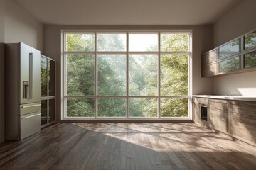 Obraz premium Contemporary kitchen space bathed in bright daylight streaming through a large picture window overlooking abundant foliage