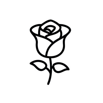 Minimalist black outline icon of a single rose flower with stem and leaves