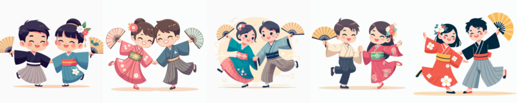 Whimsical Handdrawn Japanese Bon Odori Festival Dancers in Traditional Attire Illustration