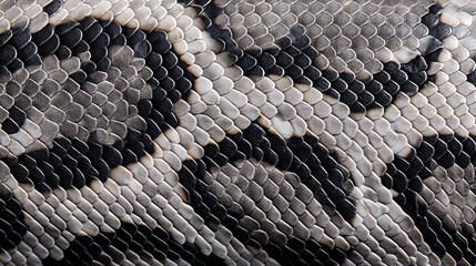 Detailed close-up of natural reptilian skin texture, showcasing a beautiful intricate pattern of black, grey, and white scales