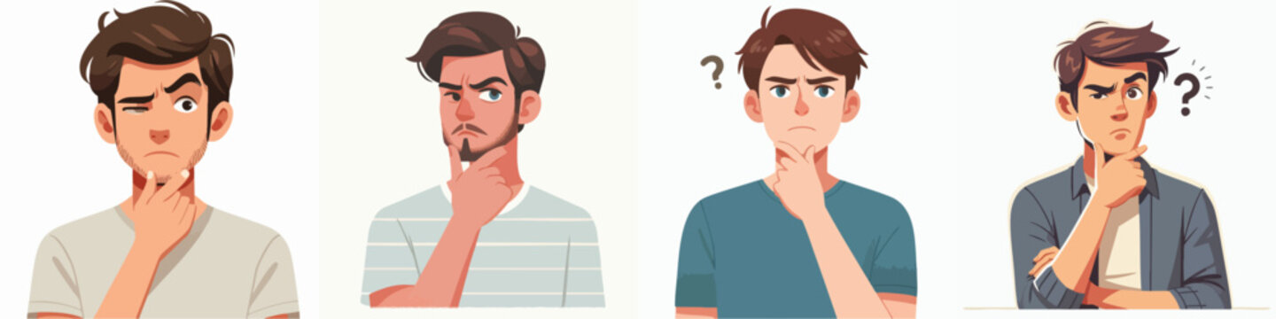 Cartoon Style Diverse Group of Pensive Young Man Character Illustration