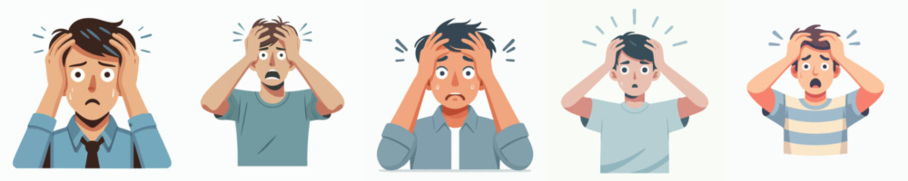 Cartoon Character Worried Stressed Man Holding Head Hand Illustration Set