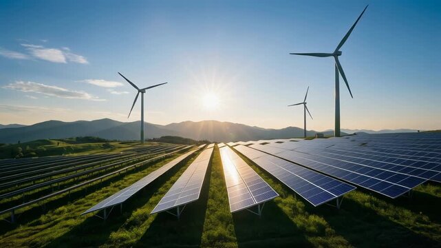 Renewable energy harmony with wind turbines in vibrant green landscapes showcasing sustainable nature
