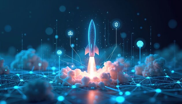 Digital rocket launches from glowing clouds. Futuristic network connects glowing nodes and icons. Spacecraft ascends into cybernetic data cloud.