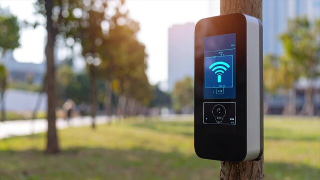 Modern electronic device, showcasing a wireless signal, mounted on a tree, set in a park
