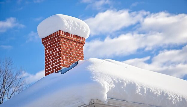 Snow-covered house roof with red brick chimney, thick white snow layer on rooftop with dramatic sculpted edge, snow cap on top of brick chimney, 
dark roof shingles visible at edge