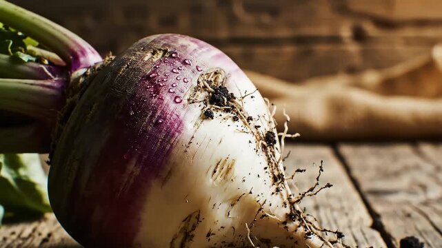 Close-up of a fresh turnip with natural skin imperfections