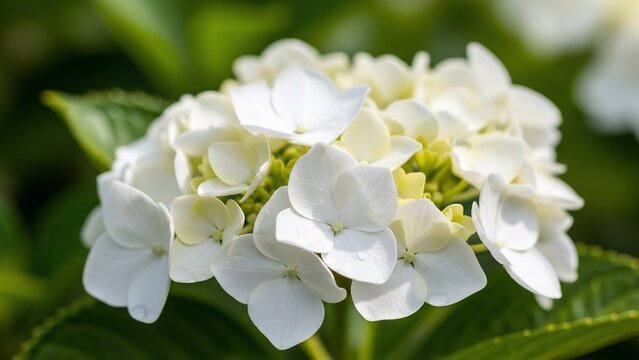 Close up of a white hydrangea flower in bloom against a blurred background