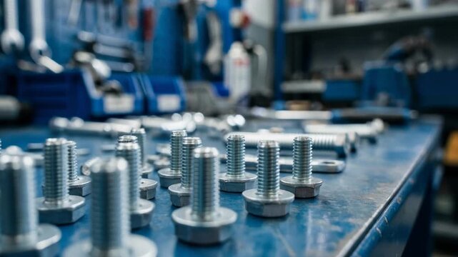 Dynamic video of a cluttered workshop with metallic bolts transforming in an industrial creative environment