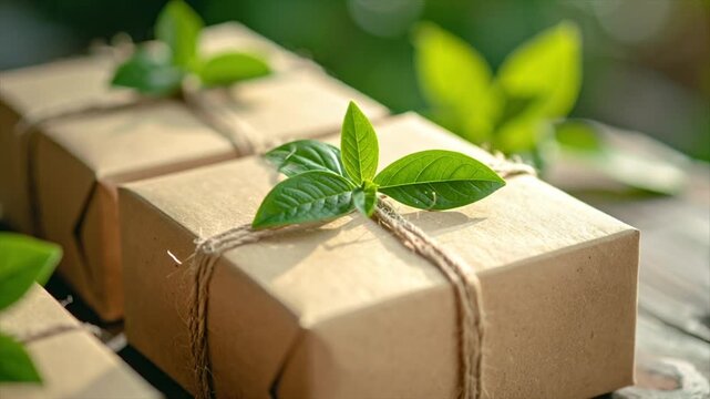 Eco-friendly packages tied with twine, adorned with fresh green leaves against a blurred backdrop