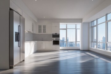 Obraz premium Modern penthouse apartment kitchen area features extensive natural light and city views