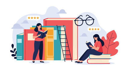 Two women read books while sitting and standing on a massive stack of literature to represent education, ratings, and learning.