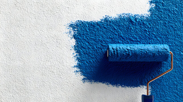 Paint roller applying blue paint to wall
