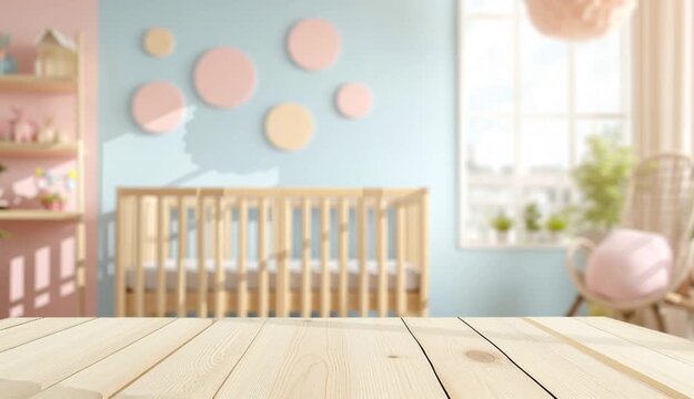 Empty wooden table surface in foreground, baby nursery room background with wooden crib, light blue wall with pastel circular decorations, pink 
accent wall, wooden furniture, shelves with toys