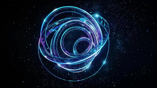 Glowing holographic rings rotating in dark void background animation