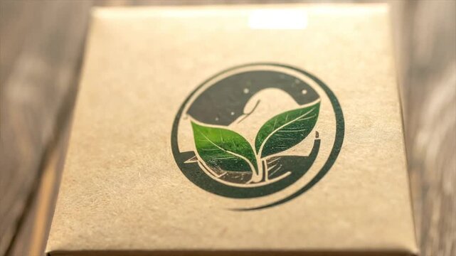A cardboard box displaying a green nature-themed logo. The box is on a wooden surface