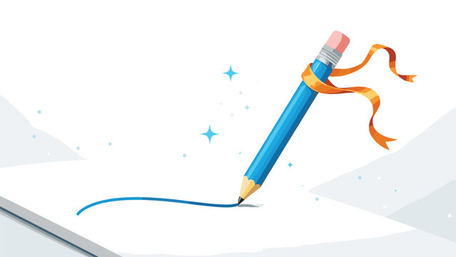 Creative process is shown as a blue pencil draws a smooth line across a white page while an orange ribbon floats nearby.