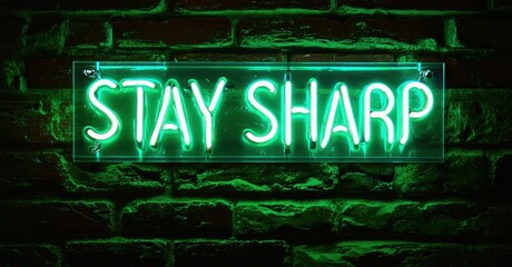 Fototapeta premium Bright neon sign displays Stay Sharp against textured brick wall. Dark background emphasizes glowing green lettering. Simple, modern aesthetic.