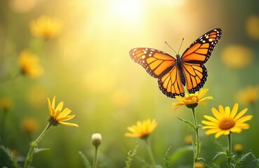 Obraz premium Monarch butterfly rests on a bright yellow flower in a sunlit garden. Soft focus background with green foliage and other blossoms. Nature scene, macro shot of insect life.
