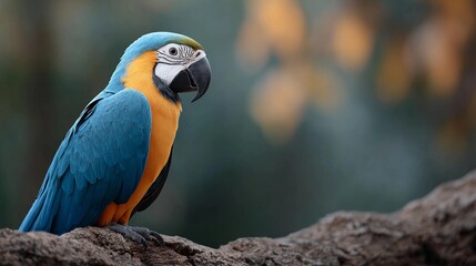 A blue and yellow macaw parrot is perched on a tree branch