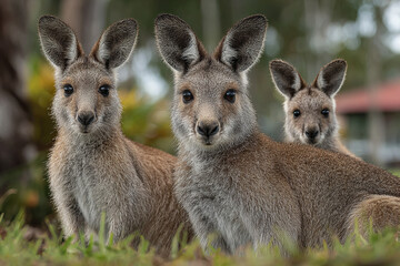 Fototapeta premium Kangaroo family portrait in grassy park with three alert kangaroos looking directly at camera, showing their soft fur and large ears in natural outdoor setting