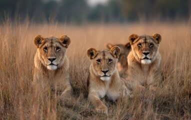 Naklejka premium Three young lionesses rest in the golden savanna grass, staring intently at the viewer with calm and majestic expressions during twilight.