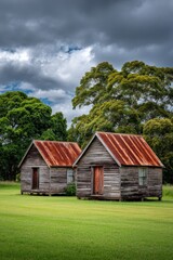 Obraz premium Two aged wooden cabins with rusted corrugated iron roofs stand on a green field under a dramatic cloudy sky.