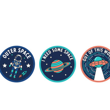 Three Round Space Themed Stickers Featuring Astronaut Planet and UFO.