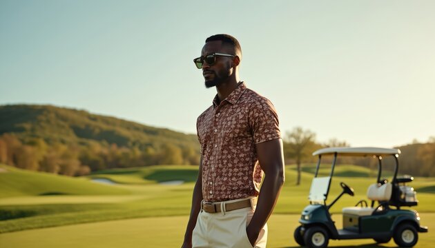 Man models stylish golf attire on course. He stands near cart, wearing patterned shirt, light pants. Sunny day on green fairway, rolling hills background.