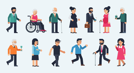 Diverse group of people walking in various attire and mobility aids