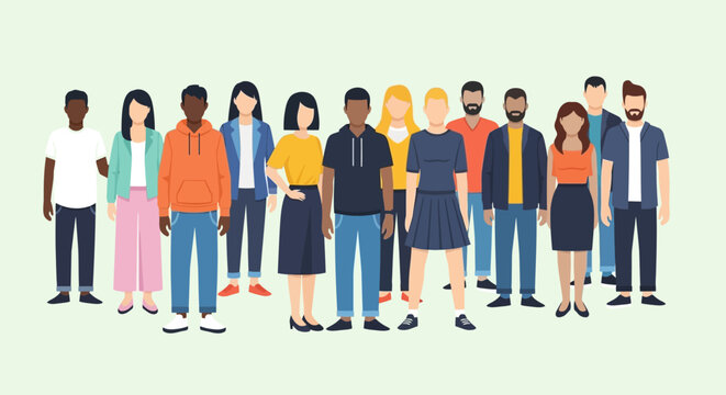 Diverse group of people standing together in a line, showcasing multiculturalism and unity in a flat illustration style