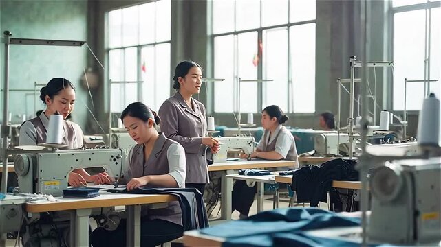 Women leaders guide teams in a modern Vietnamese textile factory. Workers collaborate to ensure authentic quality control.