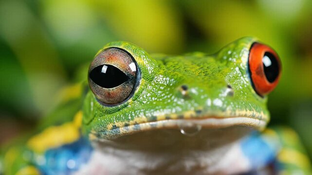 Close-up of a vibrant red-eyed tree frog with striking orange eyes and green skin