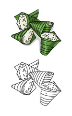 Steamed Sticky rice wraped by  banana leaves. Nature traditional food