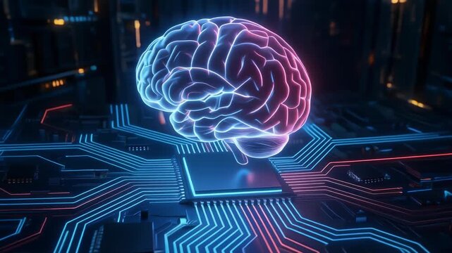 Futuristic glowing brain floating above circuit board in advanced digital technology concept