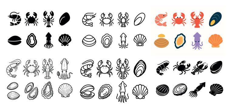 Seafood icon set: crabs, clams, squid
