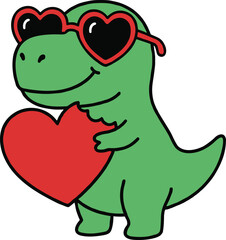 Obraz premium Cute Dinosaur with Heart and Sunglasses, Baby dinosaur, Valentine cartoon 