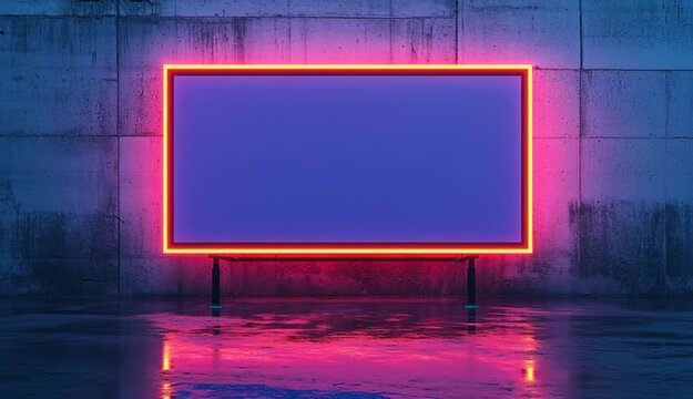 Large rectangular digital billboard or LED screen with glowing neon frame border, pink magenta and orange neon lights on outer edge, inner white neon border