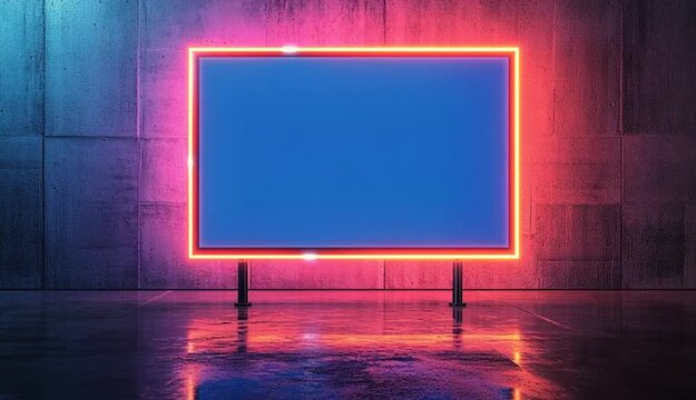 Large rectangular digital billboard or LED screen with glowing neon frame border, pink magenta and orange neon lights on outer edge, inner white neon border